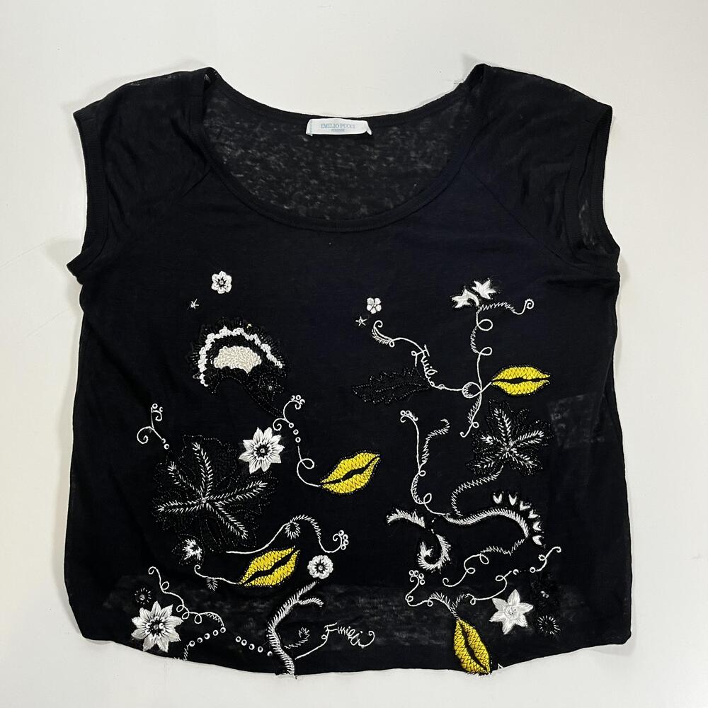 Emilio Pucci Shirt Womens M Black Linen Embroidered Floral Cropped Italy Top